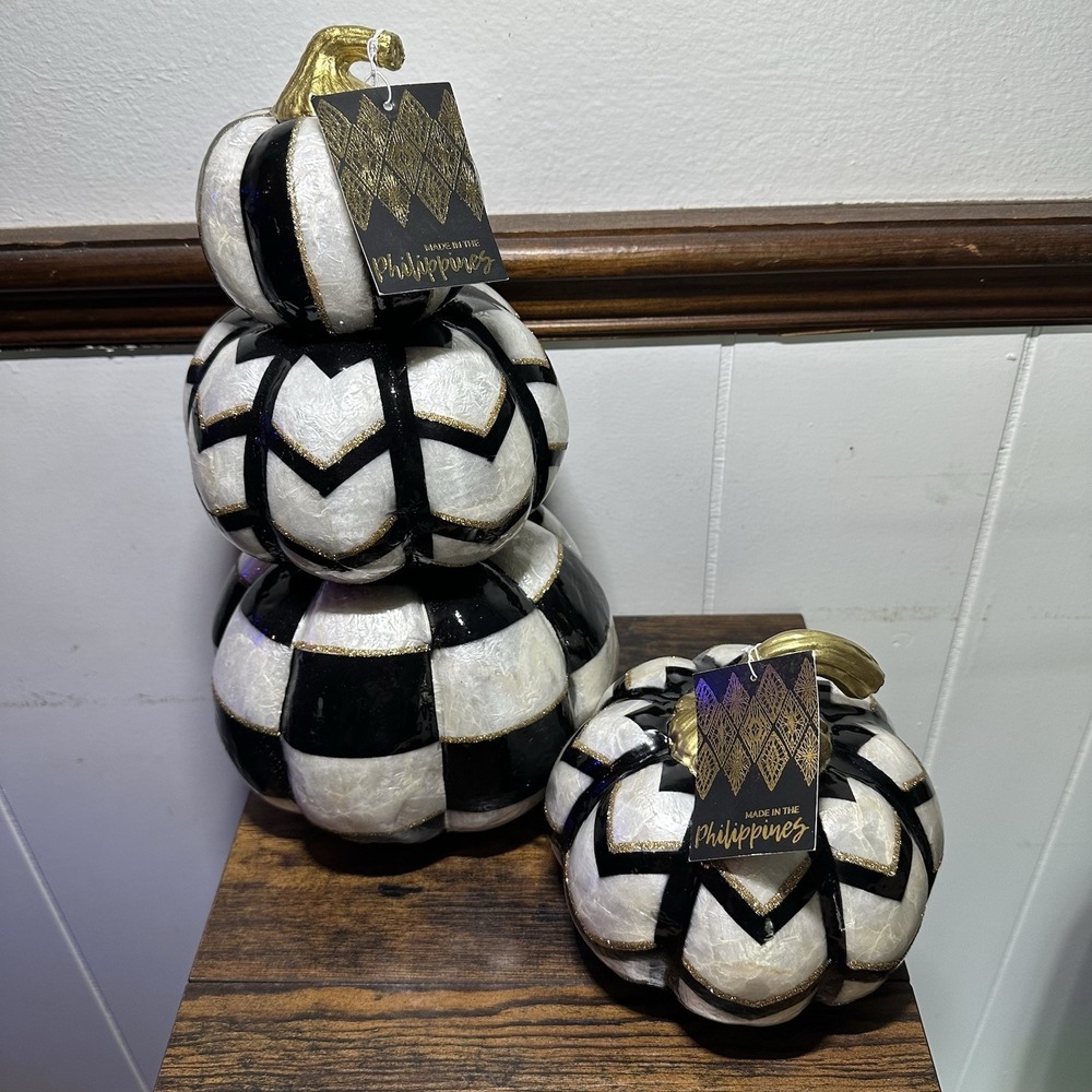 2 Black White Checkered Stacked Pumpkins Gold Stems Halloween Fall Topiary New - Picture 3 of 11